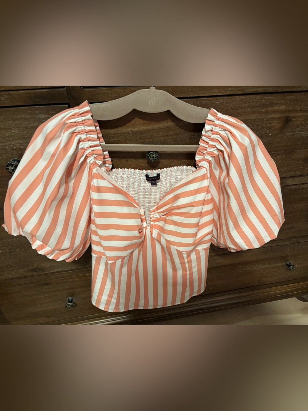 Skies Are Blue Coral & White Striped Puff-Sleeve Tie-Front Crop
